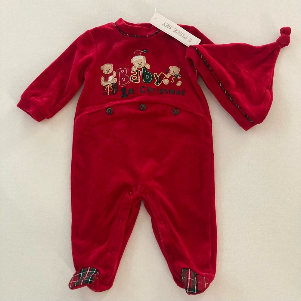 Baby First Christmas 3-6 Months Red Velvet Footie & Hat Set Outfit Holiday